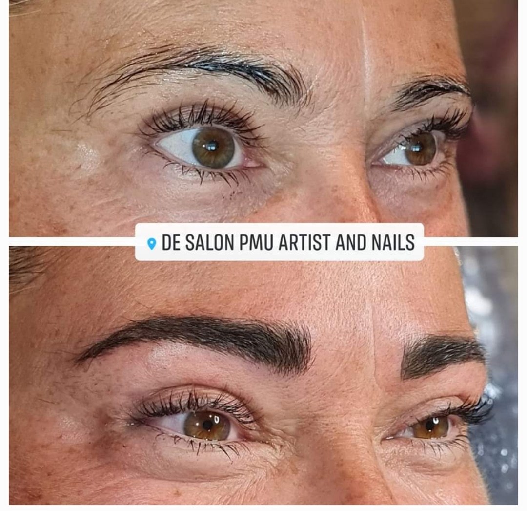 Wenkbrauwen van een klant: boven voor, onder na de permanente make-up
